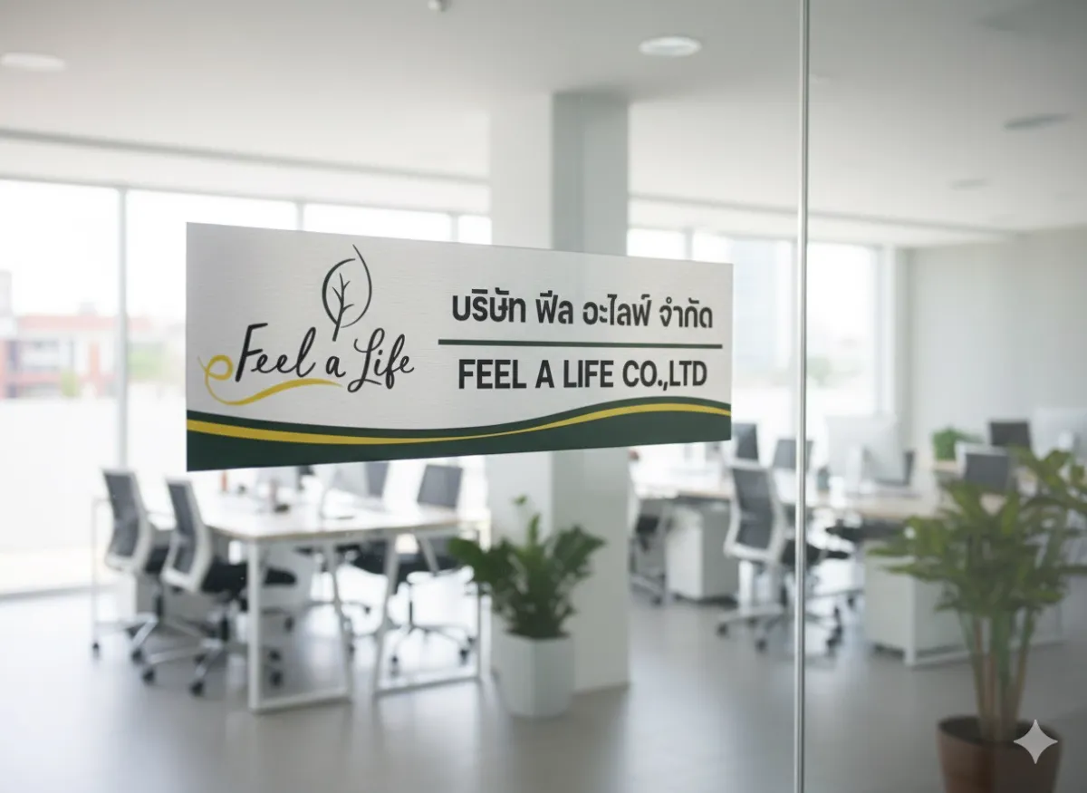 ป้ายชื่อบริษัท ฟีล อะไลฟ์ จำกัด (Feel a Life Co., Ltd.) ติดอยู่บนประตูกระจกของสำนักงาน