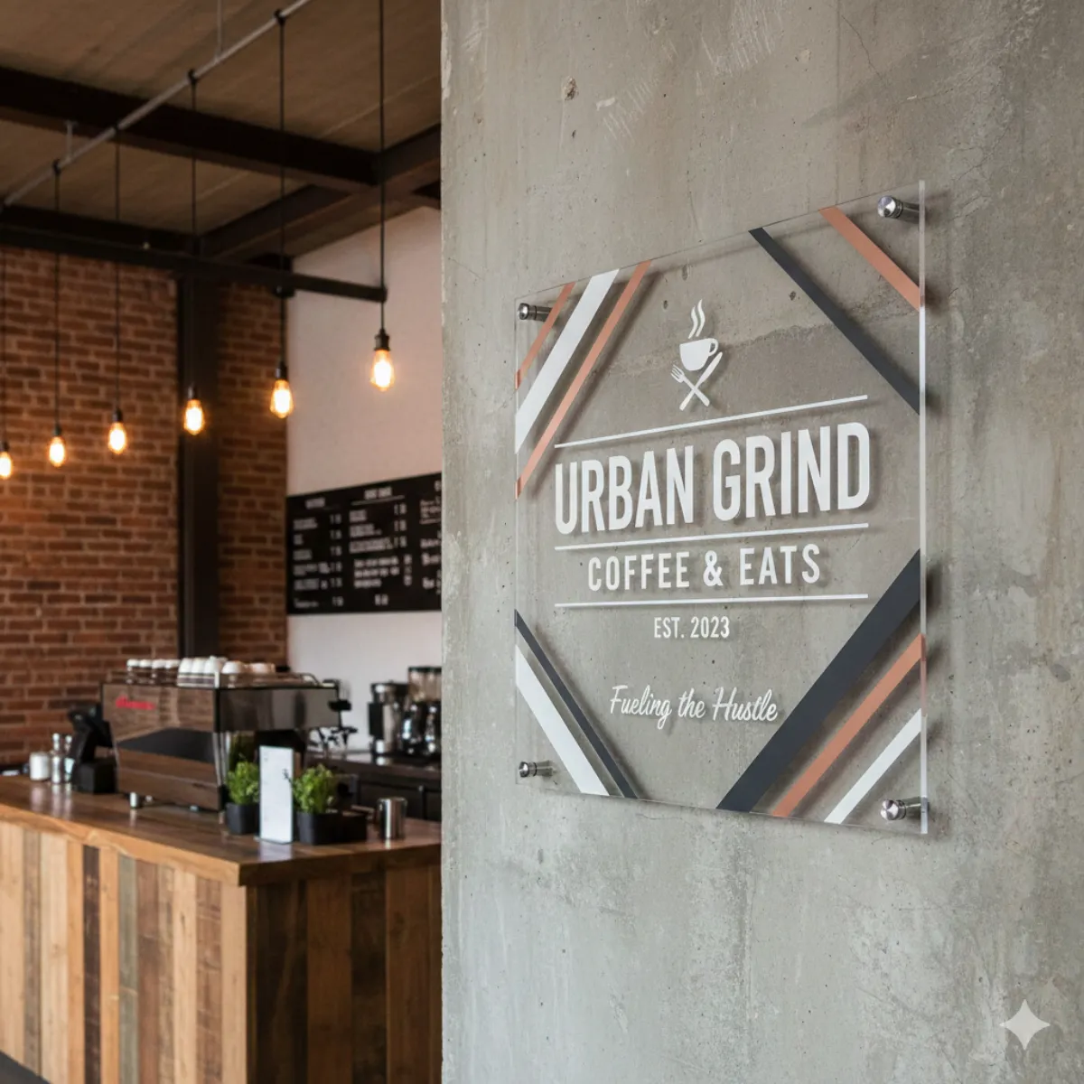 ป้ายร้าน URBAN GRIND COFFEE & EATS ติดอยู่บนผนังปูนเปลือยของร้านกาแฟสไตล์