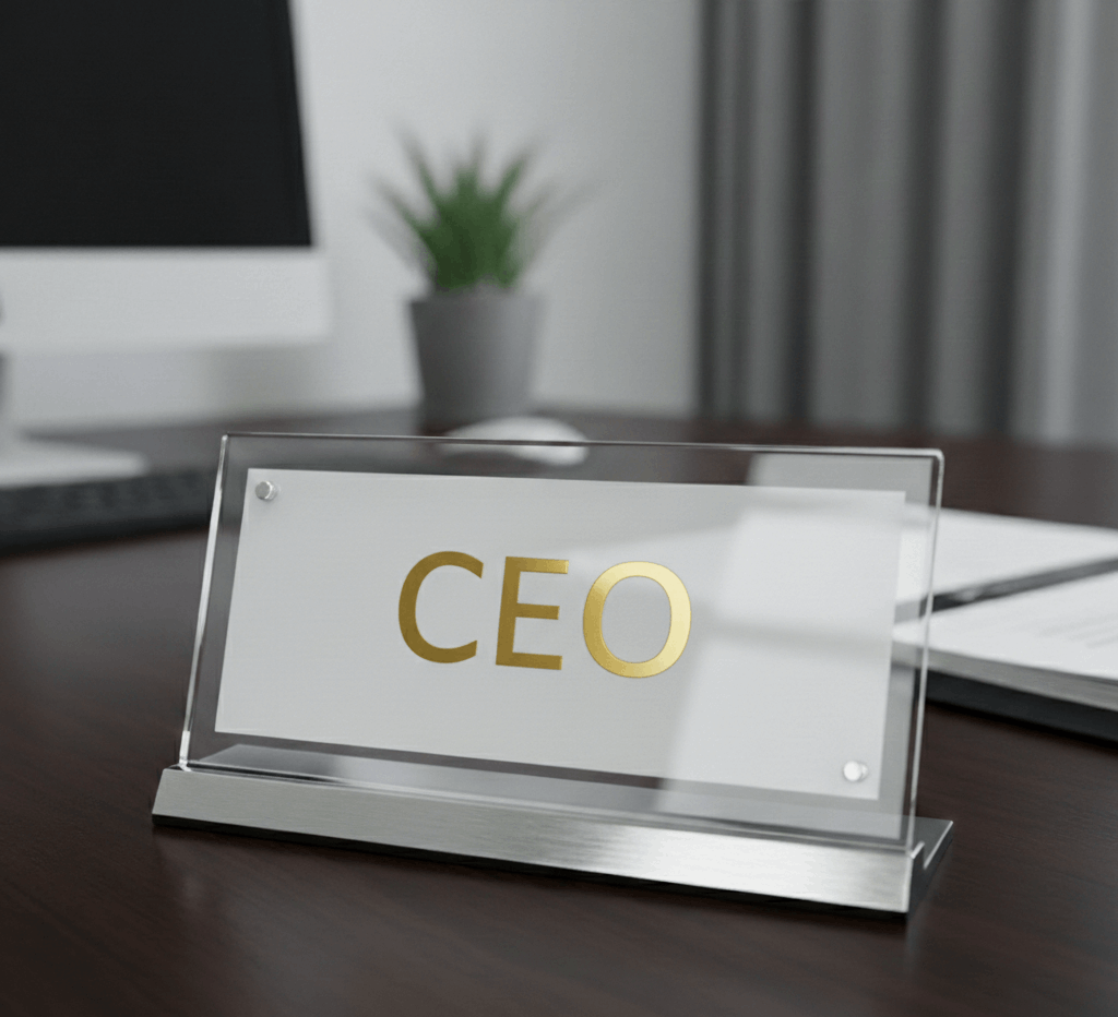 ป้ายชื่ออะคริลิคตั้งโต๊ะคำว่า CEO ตัวอักษรสีทอง